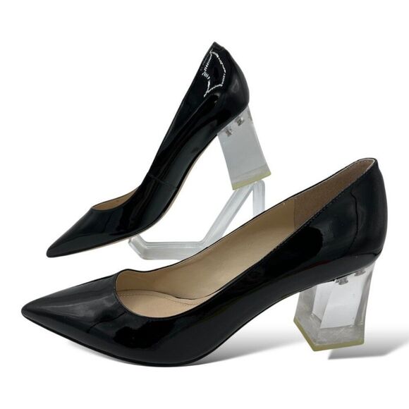 Marc Fisher Zala Black Patent Leather Poiinted Toe Pumps With Clear Acrylic Bloc - Picture 2 of 12
